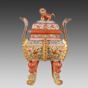 An enamel colored yellow ground carved entwined branch lotus gold amphora incense burner
