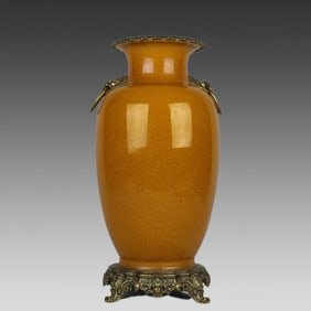 A jewel yellow glazed copper-encrusted lion ring amphora winter melon vase