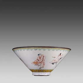 A Qing Dynasty bronze fetal painting, enamel character story, hat bowl