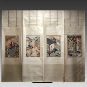 A four-strip screen of Hu Yefo's fine figures
