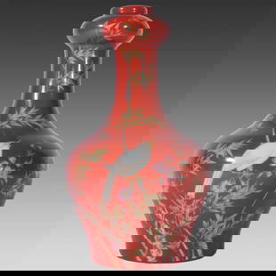 A pair of Qing Dynasty Yongzheng pastel coral red happy eyebrows garlic head bottles: Qing Dynasty Yongzheng pastel coral red happy eyebrows garlic bottle SIZE: H:22.8cm D:2.2cm BottomD:8.3cm (The Dimensions Of All Batches Are Manually Measured.If You Need More Detailed Information, Pl
