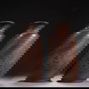 A pair of purple sand painted landscape picture appreciation bottles of Yang Ji's first style: Yang Ji's first purple sand painting landscape picture appreciation bottle pair Size:H:23.3cm Mouth D:7.7cm (The Dimensions Of All Batches Are Manually Measured.If You Need More Detailed Information,