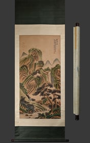 A picture of Wu Hufan's fine pine stream fountain on old paper and mounted on a vertical scroll