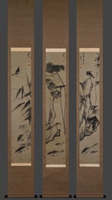 A picture of flowers and birds of the Bada Shanren in ancient China, three vertical scrolls on paper