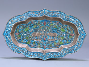 A Qing Dynasty sterling silver burnt blue inlaid tourmaline twig animal pattern begonia plate