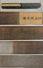 A fine long scroll on silk of Qiu Ying's autumn color picture of the country