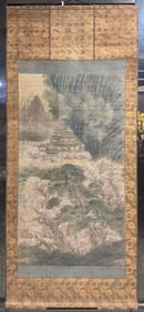 A piece of Tang Yin's landscape masterpiece vertical scroll with wooden box on silk