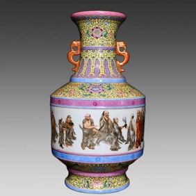 A Qing Dynasty Qianlong year pastel depiction gold eighteen Arhat amphorae