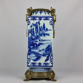 A blue and white landscape inlaid bronze angel amphora square vase