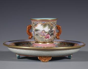 A piece of the Qing Dynasty Qianlong year of the ancient Yuexuan character landscape set cup