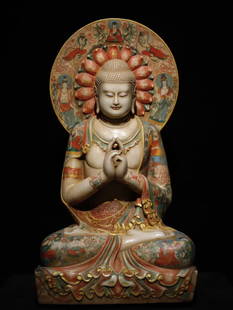 A white marble painted Buddha statue from the Tang Dynasty: The white marble painted Buddha statues of the Tang Dynasty are exquisitely crafted and solemn Size:H:80cm W:45cm T:32cm (The Dimensions Of All Batches Are Manually Measured.If You Need More Detailed