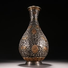A Qing Dynasty bronze gilt and silver twig flower pattern appreciation bottle