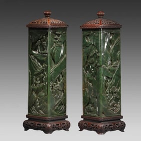 A pair of jasper figure square incense sticks