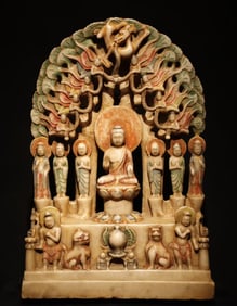 A piece of Northern Qi Han white marble painted hollow backrest Buddha