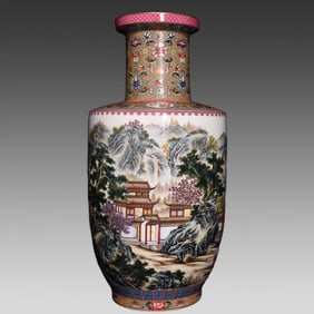 A piece of the Qianlong year of the Qing Dynasty Gu Yuexuan heavy industry pastel landscape loft