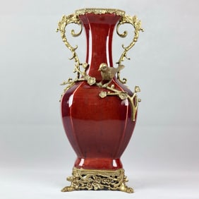 A piece of kiln glaze inlaid with copper flowers and birds, amphora quadrangular octagonal vase