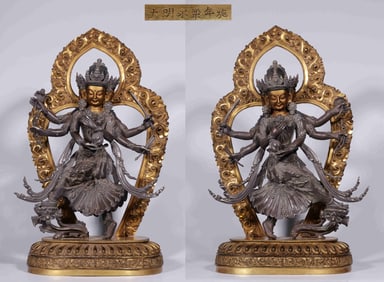 A pair of Ming Dynasty's "Ming Yongle Nianshi" silver gilt six-armed Guanyin pair
