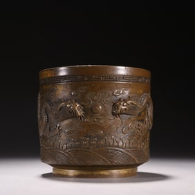 A piece of Ming copper tire two dragons play beads incense burner