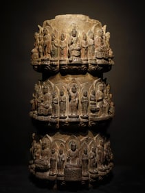 A piece of Tang bluestone painted thousand Buddha pillars