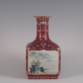 A Qing Dynasty carmine ground pastel window four seasons landscape square bottle