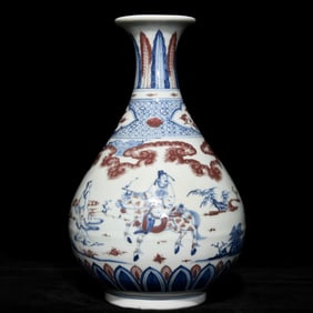 A piece of blue and white glaze red in the Ming Dynasty with a qin to visit a friend, a jade pot