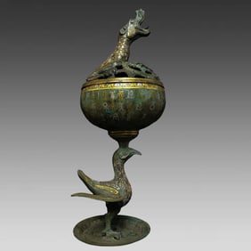 A piece of Warring States bronze wrong gold wrong silver plate crane dragon head smoker