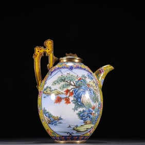 A piece of Qing Dynasty bronze fetal painting, enamel windowed landscape figures, wine jugs
