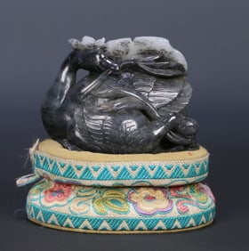 A Qing Dynasty Hetian jade blue and white seed double goose ornament