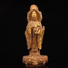 A piece of ancient temple underground palace unearthed white jade carved gilt three-sided Guanyin