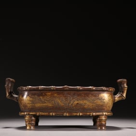 A four-legged incense burner made of bronze bamboo pattern landscape map