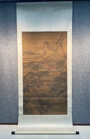 A picture of Qiu Ying's pavilion in the Ming Dynasty is a six-foot vertical scroll on silk