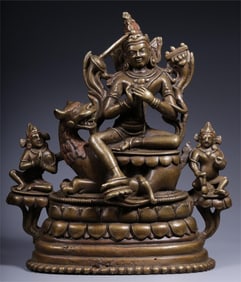 A three-seated statue of the Qing Dynasty alloy copper Manjushri Bodhisattva donor