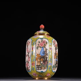 A Qing Dynasty copper tire painting enamel window pattern jar