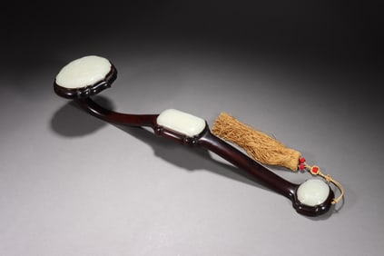 A piece of Qing Dynasty rosewood inlay and Tian jade carving to live and work in peace and