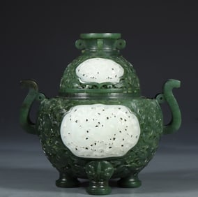 One piece of Hetian jasper inlaid white jade floral pattern amphora three-legged stove