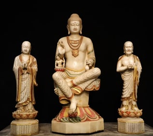 A set of white marble painted Buddha statues from the Tang Dynasty