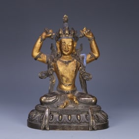 A Qing Dynasty Qianlong six-pin Buddha building Pranya product bronze clay gold wonderful dance