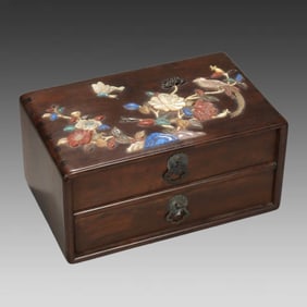 A Qing Dynasty mahogany inlaid treasure intarsia blooming rich jewelry box