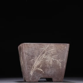 A purple sand square bucket flower pot with a small pavilion model