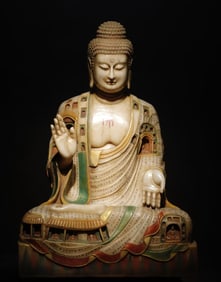 A piece of Tang Dynasty white marble painted Buddha grottoes scripture pavilion shape