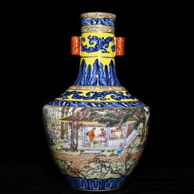 A blue and white pastel character story pattern ear vase made in the Qianlong year of the Qing