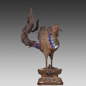 A silver filigree inlaid gemstone roasted blue phoenix ornament
