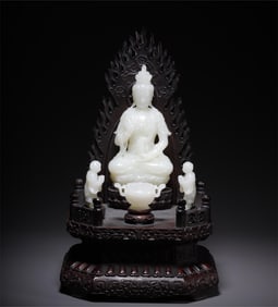 A piece of Hetian jade boy worships Guanyin