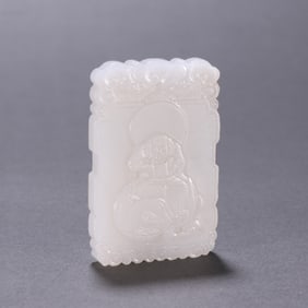 A piece of Qing Dynasty Hetian jade carving Arhat poems and texts play cards