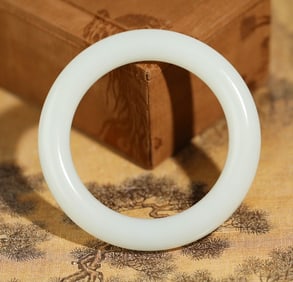 A piece of plain round bar Hetian white jade bracelet