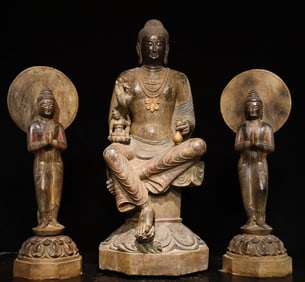 A set of bluestone painted Buddha statues in the Tang Dynasty, a set of large Buddhas