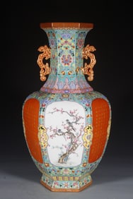 A binaural hexagonal poetic multi-character enamel flower and bird vase made in the Qianlong year of
