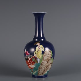 A piece of blue ground pastel shepherd boys from the Qing Dynasty riding oxen to appreciate the