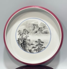 A piece of carmine painted in the Qing Dynasty ink color landscape pavilion figure wash