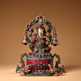 A piece of copper painting, inlaid with gemstones, painted gold, elephant trunk, God of Wealth, a